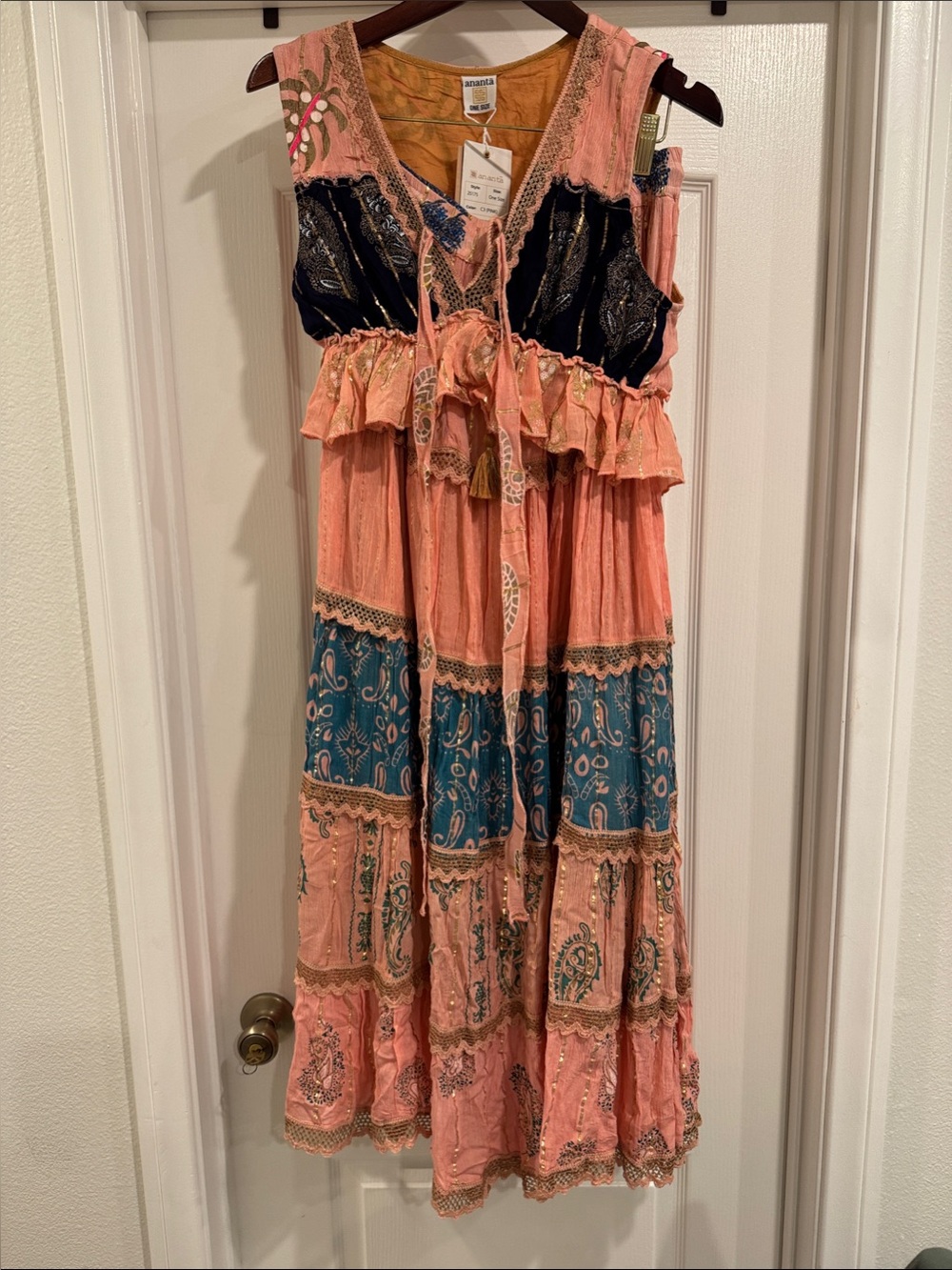 Bohemian Tiered 2 piece outfit in Peach with Teal Panels and Navy and gold